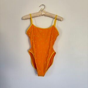 Vintage orange & yellow tulip printed one piece swim suit.